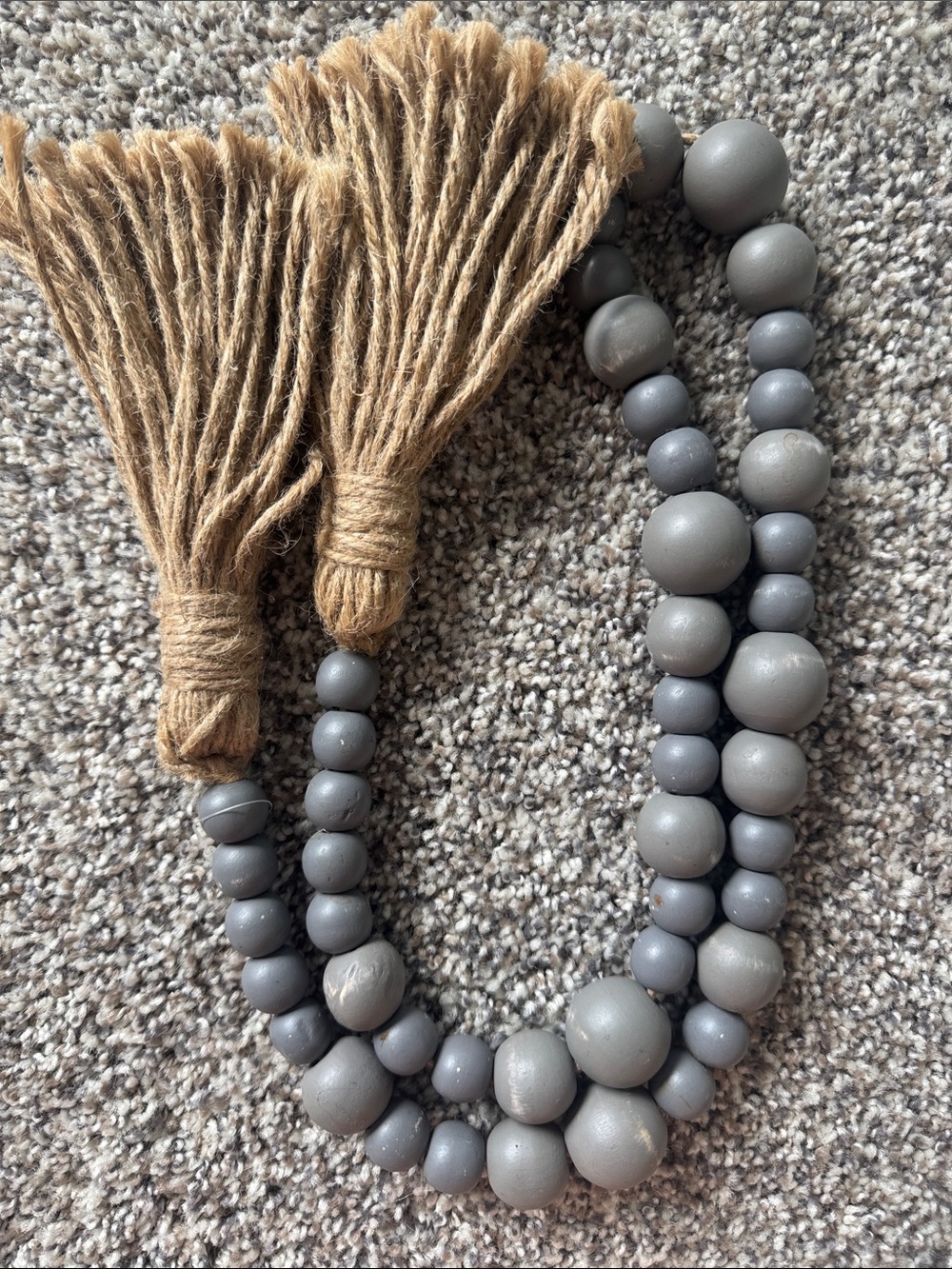 Neutral Gray Wooden Bead Garland with Jute Tassels